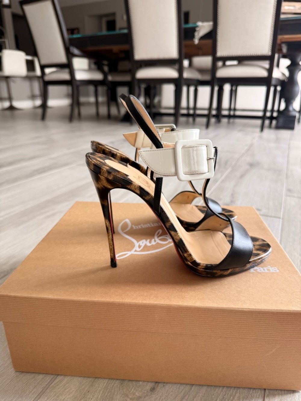 Christian Louboutin Leopard Print Stiletto Sandals with Black and Cream Straps - Picture 7 of 13